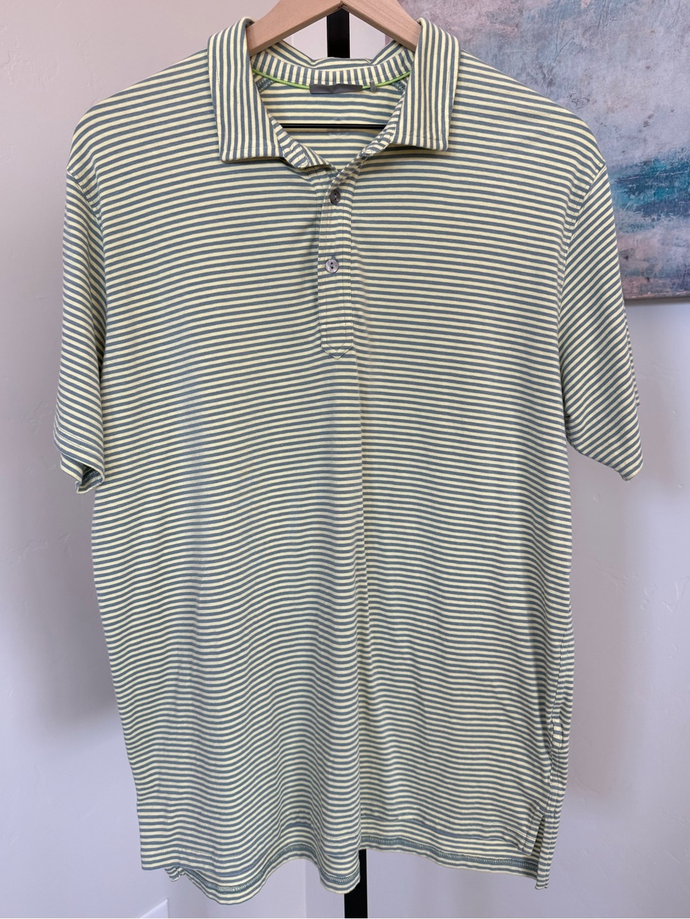 tasc Performance Cloud Polo Air Stripe Mens Large Yellow Gray Golf Stretch Shirt